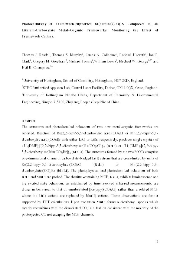 Photochemistry of framework-supported M(diimine)(CO)₃X complexes in 3D Lithium-Carboxylate metal−organic frameworks: monitoring the effect of framework cations Thumbnail