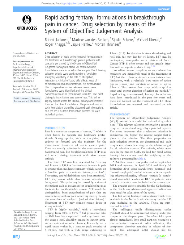 Rapid acting fentanyl formulations in breakthrough pain in cancer: drug selection by means of the System of Objectified Judgement Analysis Thumbnail