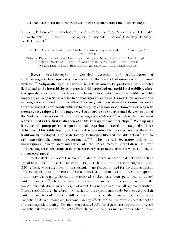 Optical determination of the Néel vector in a CuMnAs thin-film antiferromagnet Thumbnail