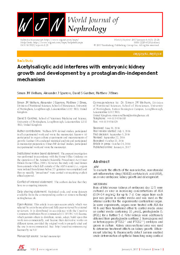 Acetylsalicylic acid interferes with embryonic kidney growth and development by a prostaglandin-independent mechanism Thumbnail