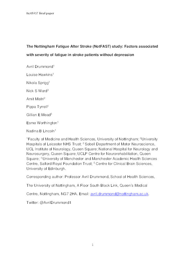 The Nottingham Fatigue After Stroke (NotFAST) study: factors associated with severity of fatigue in stroke patients without depression Thumbnail