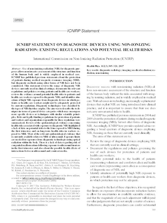 ICNIRP statement on diagnostic devices using non-ionizing radiation: existing regulations and potential health risks Thumbnail