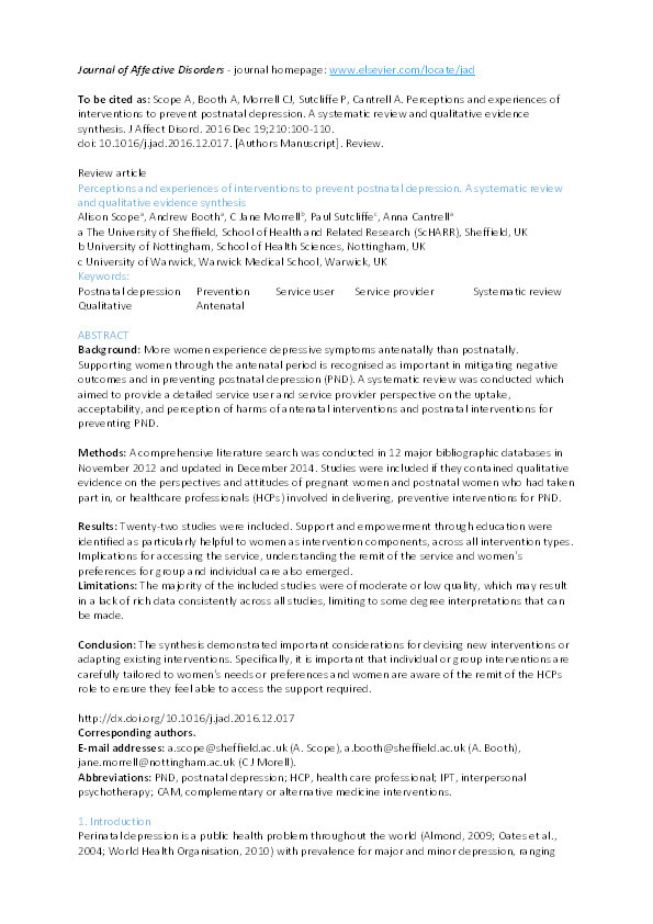 Perceptions and experiences of interventions to prevent postnatal depression: a systematic review and qualitative evidence synthesis Thumbnail