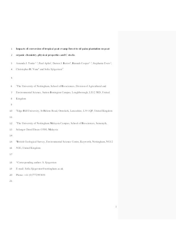 Impacts of conversion of tropical peat swamp forest to oil palm plantation on peat organic chemistry, physical properties and carbon stocks Thumbnail