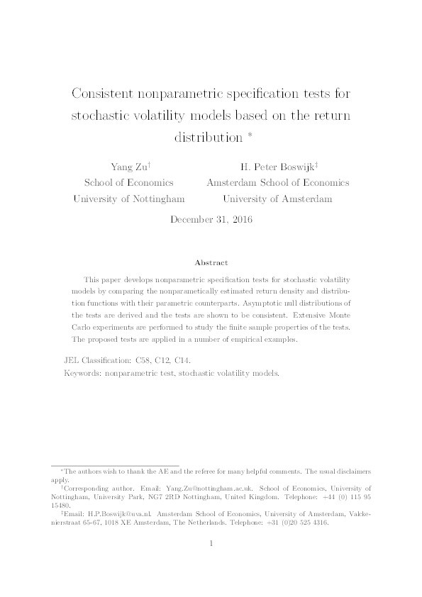 Consistent nonparametric specification tests for stochastic volatility models based on the return distribution Thumbnail