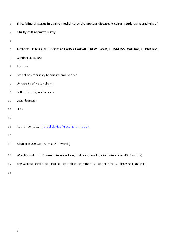 Mineral status in canine medial coronoid process disease: a cohort study using analysis of hair by mass spectrometry Thumbnail