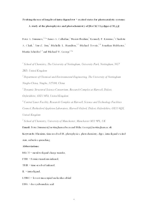 Probing the use of long lived intra-ligand π-π * excited states for photocatalytic systems: a study of the photophysics and photochemistry of [ReCl(CO)3(dppz-(CH3)2)] Thumbnail