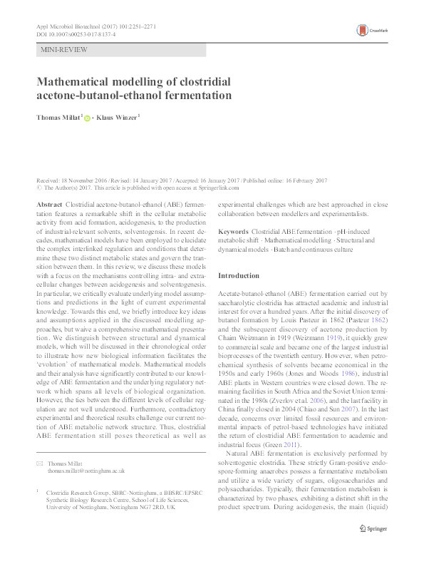 Mathematical modelling of clostridial acetone-butanol-ethanol fermentation Thumbnail