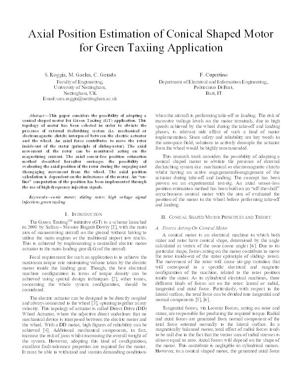 Axial position estimation of conical shaped motor for green taxiing application Thumbnail