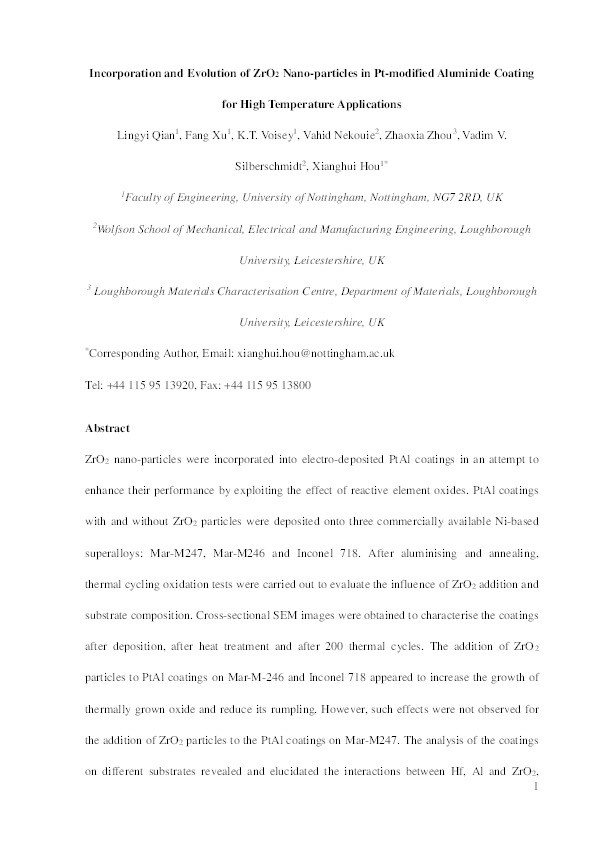 Incorporation and evolution of ZrO2 nano-particles in Pt-modified aluminide coating for high temperature applications Thumbnail