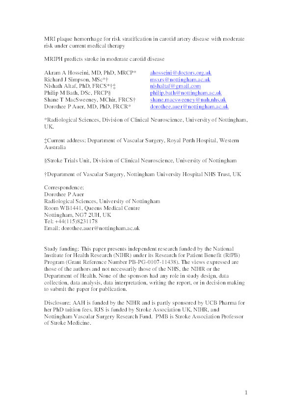 Magnetic resonance imaging plaque hemorrhage for risk stratification in carotid artery disease with moderate risk under current medical therapy Thumbnail