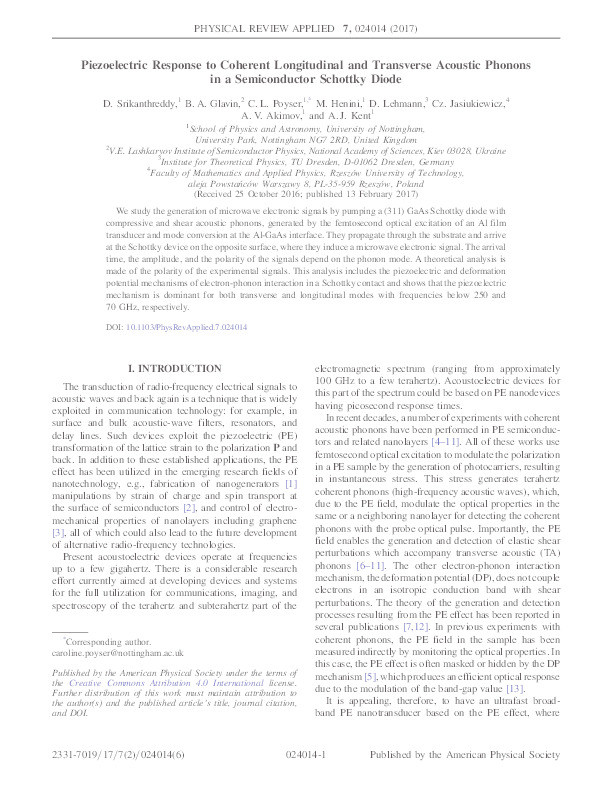 Piezoelectric response to coherent longitudinal and transverse acoustic phonons in a semiconductor Schottky diode Thumbnail