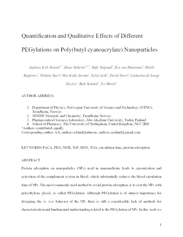 Quantification and qualitative effects of different PEGylations on Poly(butyl cyanoacrylate) nanoparticles Thumbnail