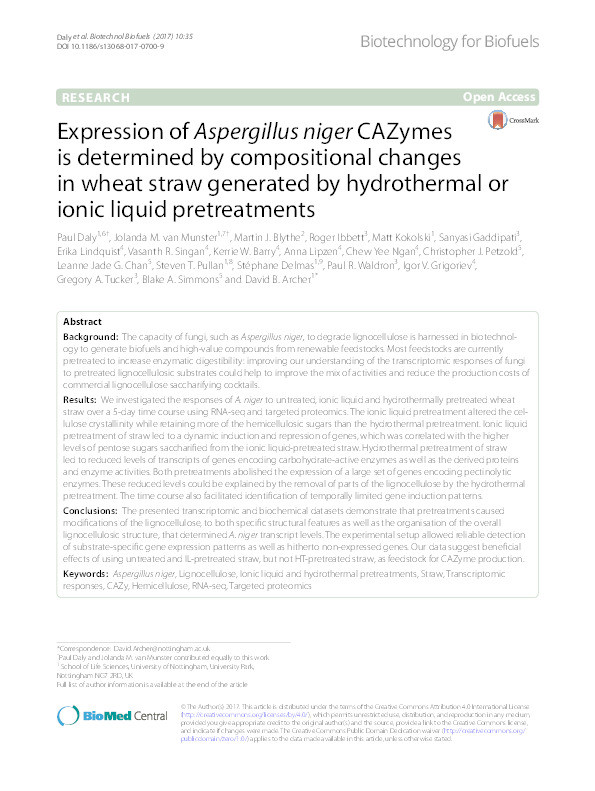 Expression of Aspergillus niger CAZymes is determined by compositional changes in wheat straw generated by hydrothermal or ionic liquid pretreatments Thumbnail