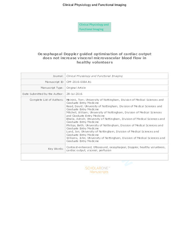 Oesophageal Doppler guided optimization of cardiac output does not increase visceral microvascular blood flow in healthy volunteers Thumbnail