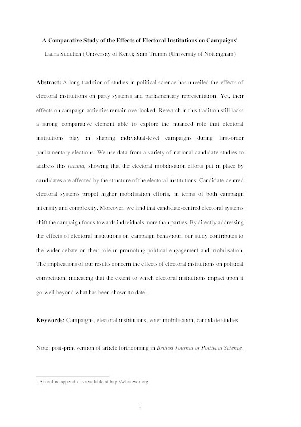 A comparative study of the effects of electoral institutions on campaigns Thumbnail