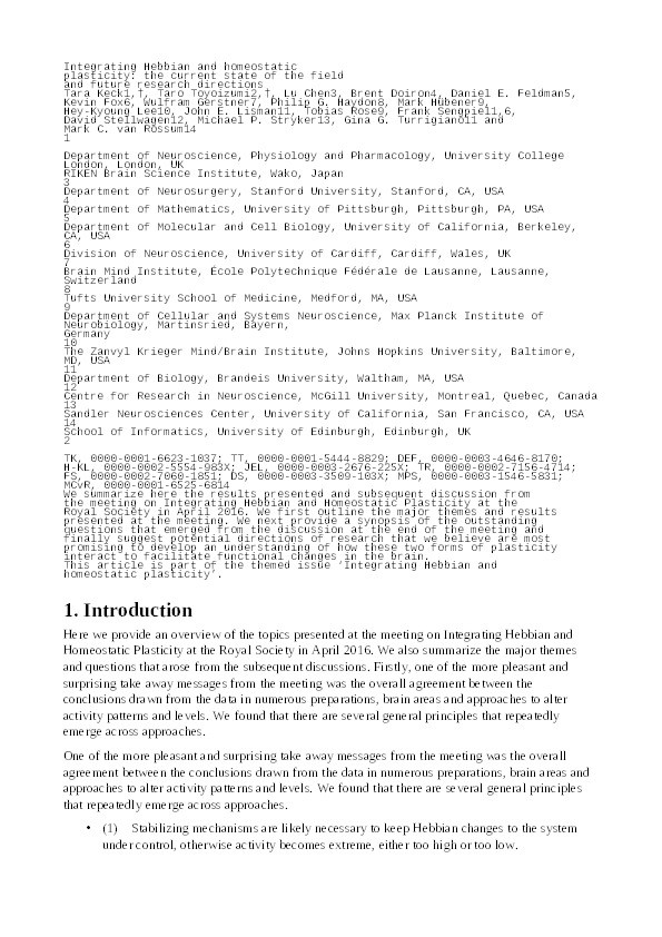 Integrating Hebbian and homeostatic plasticity: the current state of the field and future research directions Thumbnail