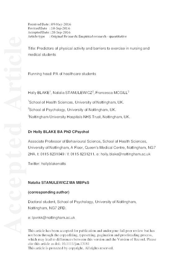 Predictors of physical activity and barriers to exercise in nursing and medical students Thumbnail