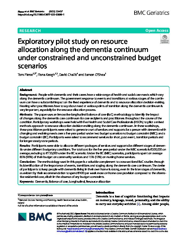 Exploratory pilot study on resource allocation along the dementia continuum under constrained and unconstrained budget scenarios Thumbnail