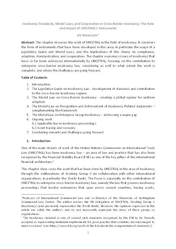 Insolvency standards, model laws, and cooperation in cross-border insolvency: the role and impact of UNCITRAL’s instruments Thumbnail