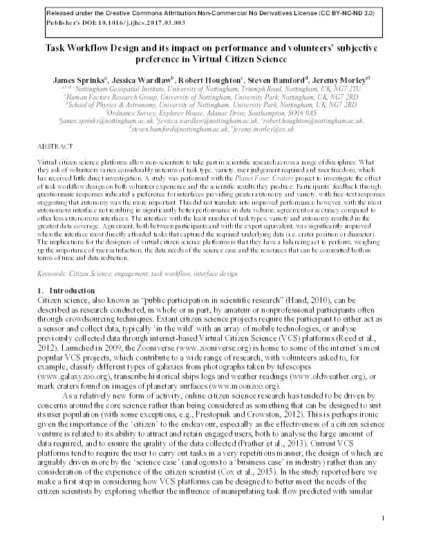 Task Workflow Design and its impact on performance and volunteers' subjective preference in Virtual Citizen Science Thumbnail