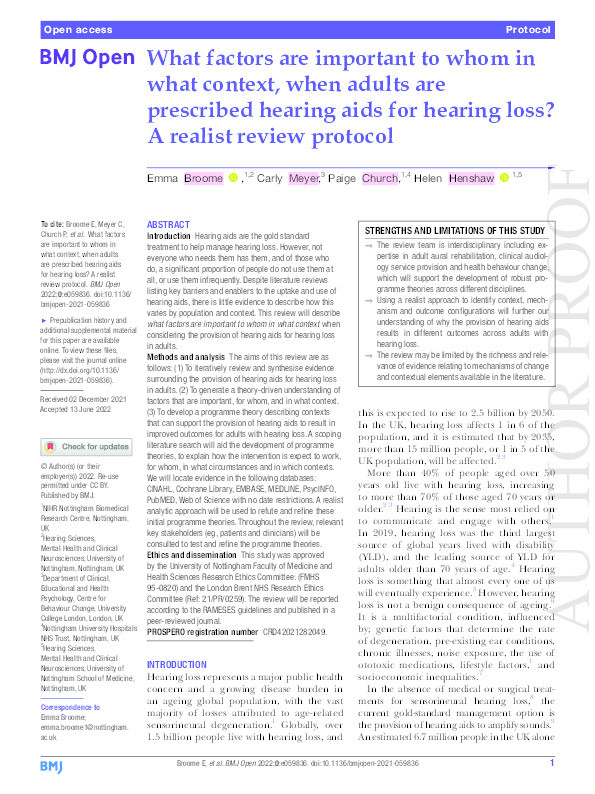 What factors are important to whom in what context, when adults are prescribed hearing aids for hearing loss? A realist review protocol Thumbnail