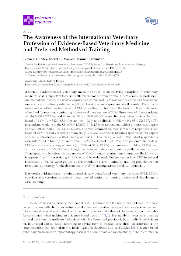 The awareness of the international veterinary profession of evidence-based veterinary medicine and preferred methods of training Thumbnail