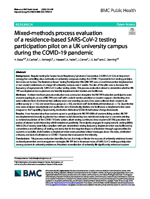 Mixed-methods process evaluation of a residence-based SARS-CoV-2 testing participation pilot on a UK university campus during the COVID-19 pandemic Thumbnail