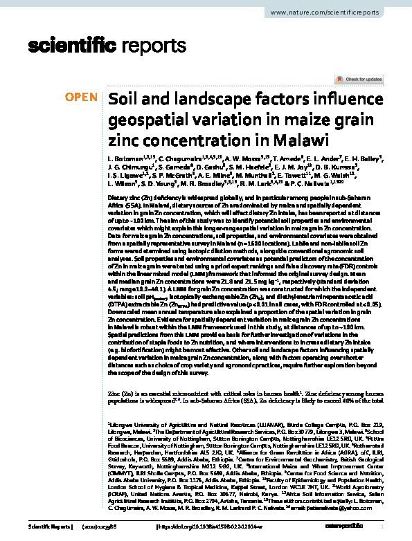 Soil and landscape factors influence geospatial variation in maize grain zinc concentration in Malawi Thumbnail