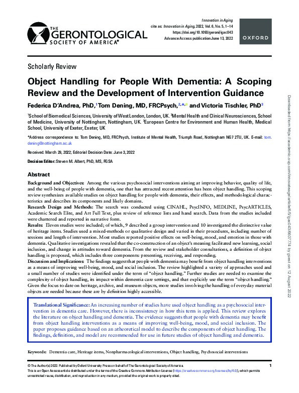 Object Handling for People With Dementia: A Scoping Review and the Development of Intervention Guidance Thumbnail