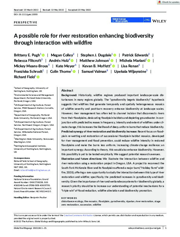 A possible role for river restoration enhancing biodiversity through interaction with wildfire Thumbnail