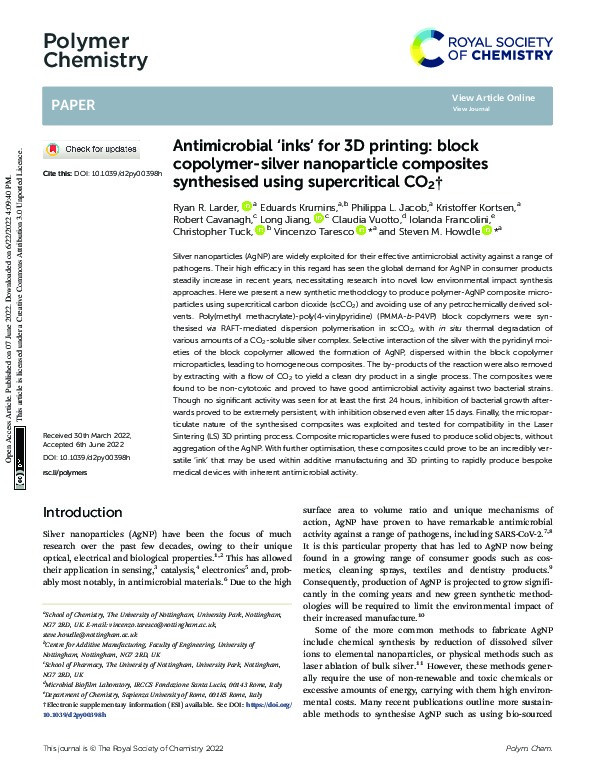 Antimicrobial ‘inks’ for 3D printing: block copolymer-silver nanoparticle composites synthesised using supercritical CO2 Thumbnail