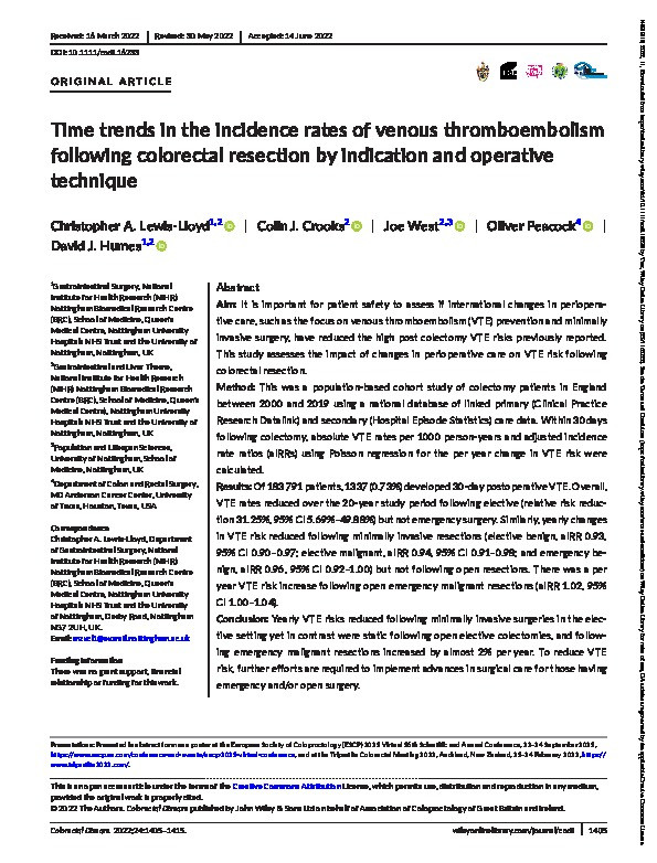 Time Trends in the Incidence Rates of Venous Thromboembolism Following Colorectal Resection by Indication and Operative Technique Thumbnail