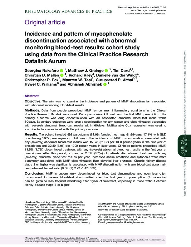 Incidence and pattern of mycophenolate discontinuation associated with abnormal monitoring blood-test results: cohort study using data from the Clinical Practice Research Datalink Aurum Thumbnail