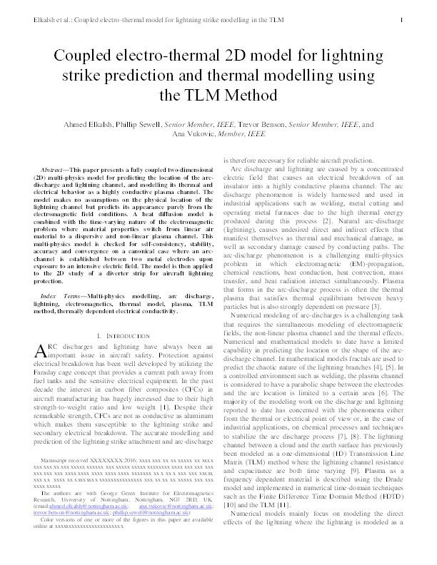 Coupled electrothermal two-dimensional model for lightning strike prediction and thermal modeling using the TLM method Thumbnail