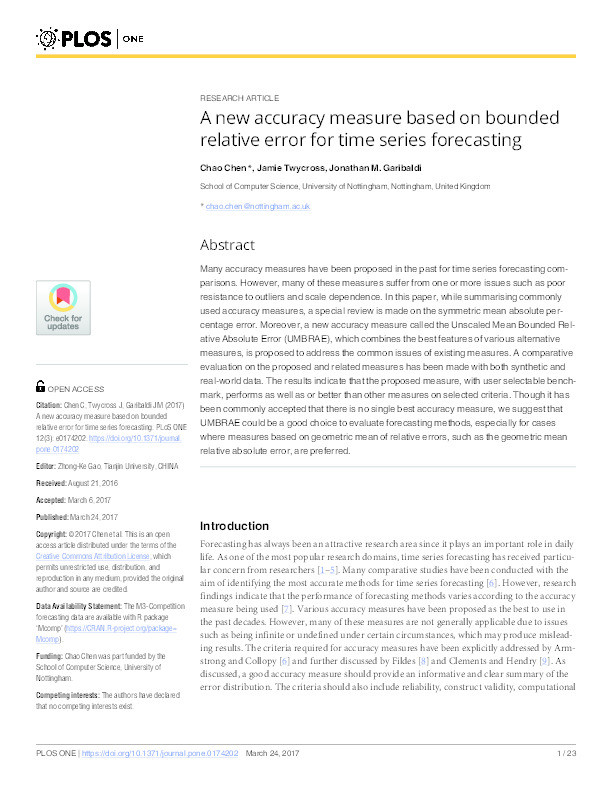 A new accuracy measure based on bounded relative error for time series forecasting Thumbnail