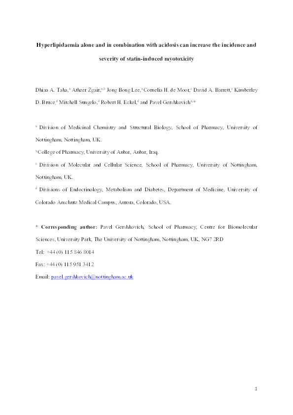 Hyperlipidaemia alone and in combination with acidosis can increase the incidence and severity of statin-induced myotoxicity Thumbnail