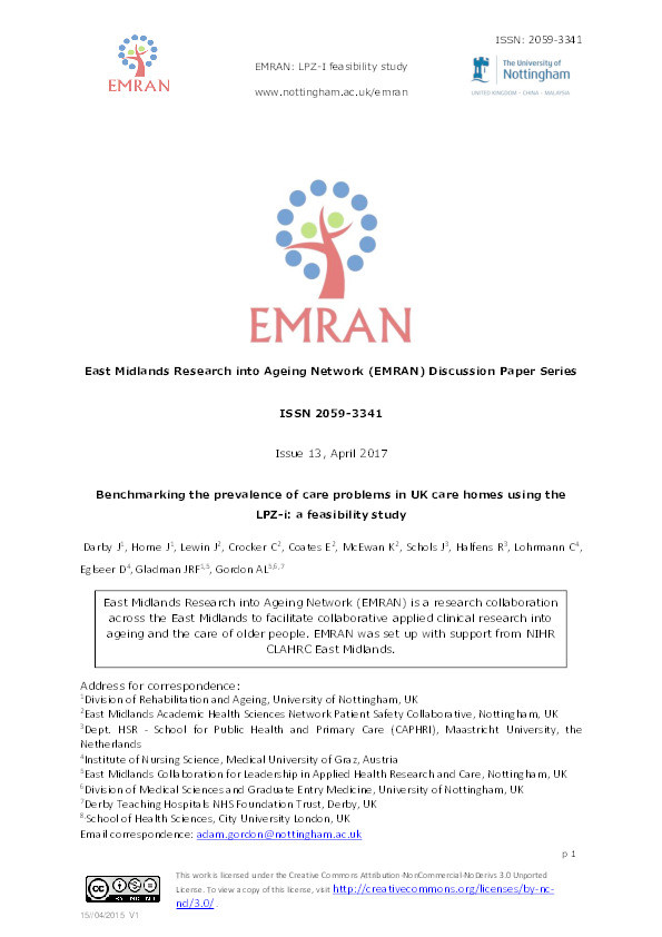 Benchmarking the prevalence of care problems in UK care homes using the LPZ-i: a feasibility study Thumbnail
