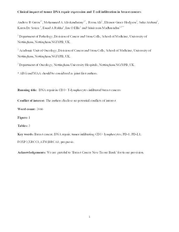 Clinical impact of tumor DNA repair expression and T-cell infiltration in breast cancers Thumbnail