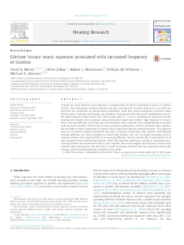 Lifetime leisure music exposure associated with increased frequency of tinnitus Thumbnail