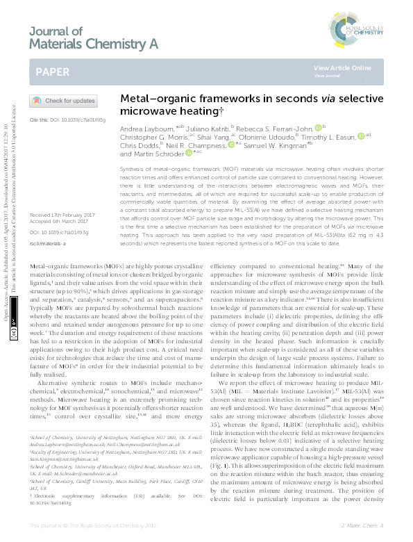 Metal-organic frameworks in seconds via selective microwave heating Thumbnail