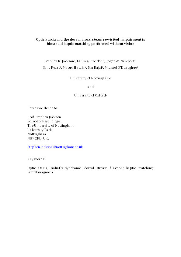 Optic ataxia and the dorsal visual steam re-visited: impairment in bimanual haptic matching performed without vision Thumbnail