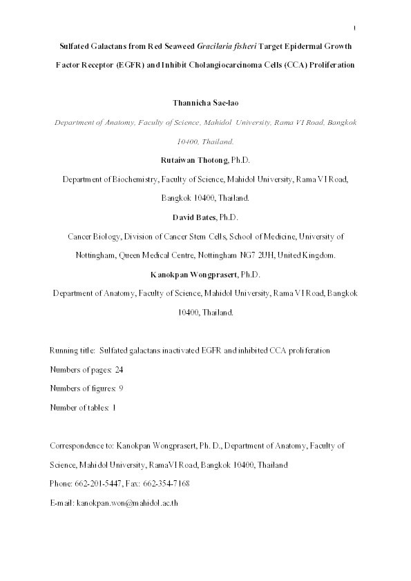 Sulfated galactans from red seaweed Gracilaria fisheri target epidermal growth factor receptor (EGFR) and inhibit cholangiocarcinoma cells (CCA) proliferation Thumbnail