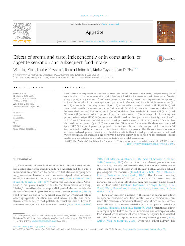 Effects of aroma and taste, independently or in combination, on appetite sensation and subsequent food intake Thumbnail