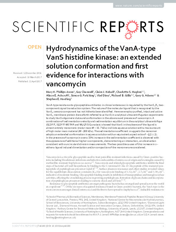 Hydrodynamics of the VanA-type VanS histidine kinase: an extended solution conformation and first evidence for interactions with vancomycin Thumbnail