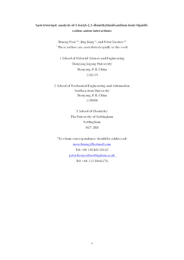 Spectroscopic analysis of 1-butyl-2,3-dimethylimidazolium ionic liquids: cation-anion interactions Thumbnail