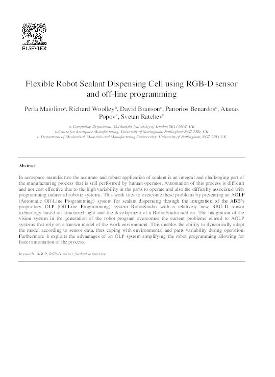 Flexible robot sealant dispensing cell using RGB-D sensor and off-line programming Thumbnail