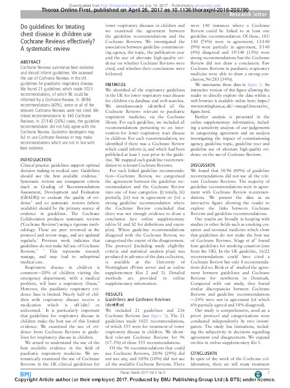 Do guidelines for treating chest disease in children use Cochrane Reviews effectively?: a systematic review Thumbnail