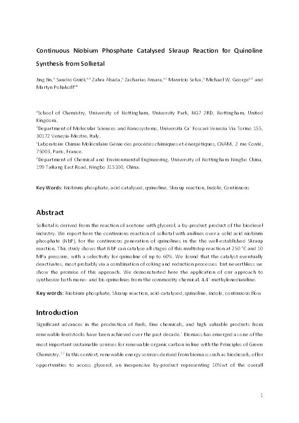 Continuous niobium phosphate catalysed Skraup reaction for quinoline synthesis from solketal Thumbnail