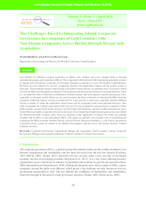 The challenges faced by integrating Islamic corporate governance in companies of Gulf countries with non-Islamic companies across border through merger and acquisition Thumbnail